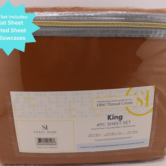 4 PC KING Sweet Home Collection 1800 Thread Count Sheet Set - Mocha - Picture 2 of 3